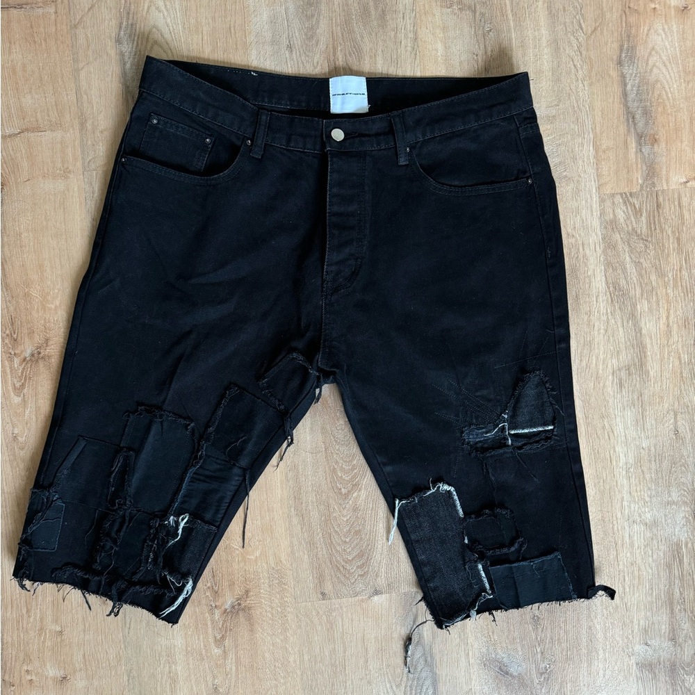 MNML Black Distressed Patchwork Denim Shorts